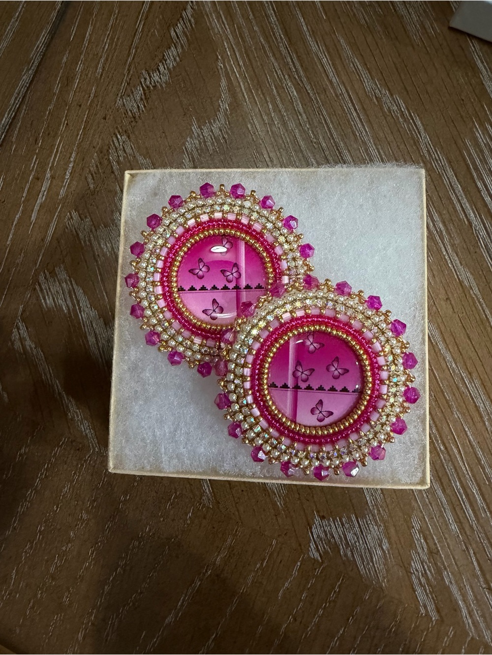 Pink Beaded Round Statement Earrings with Gold Accents - Picture 4 of 4